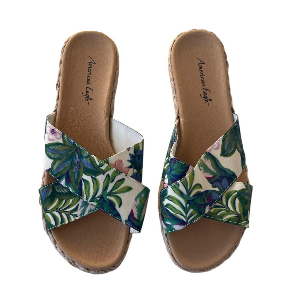 American Eagle Slide Sandals Women's Size 7 Tropical Floral Criss Cross EUC